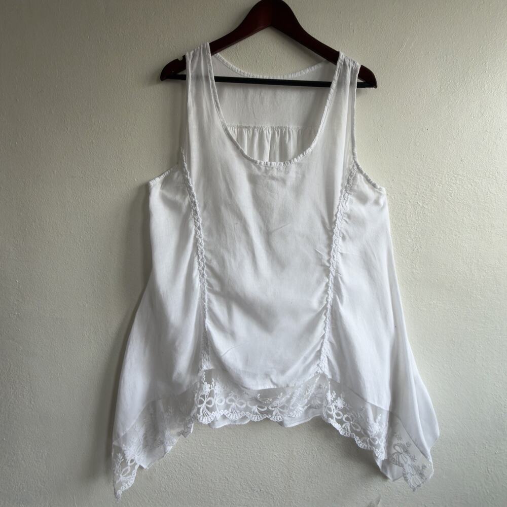White Cottagecore Lace Trim Handkerchief Hem Tunic Mini Dress Small Slip